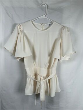 Express Cream Flutter Sleeve Blouse Small Ruffle Hem Puff Sleeve Tie Belt